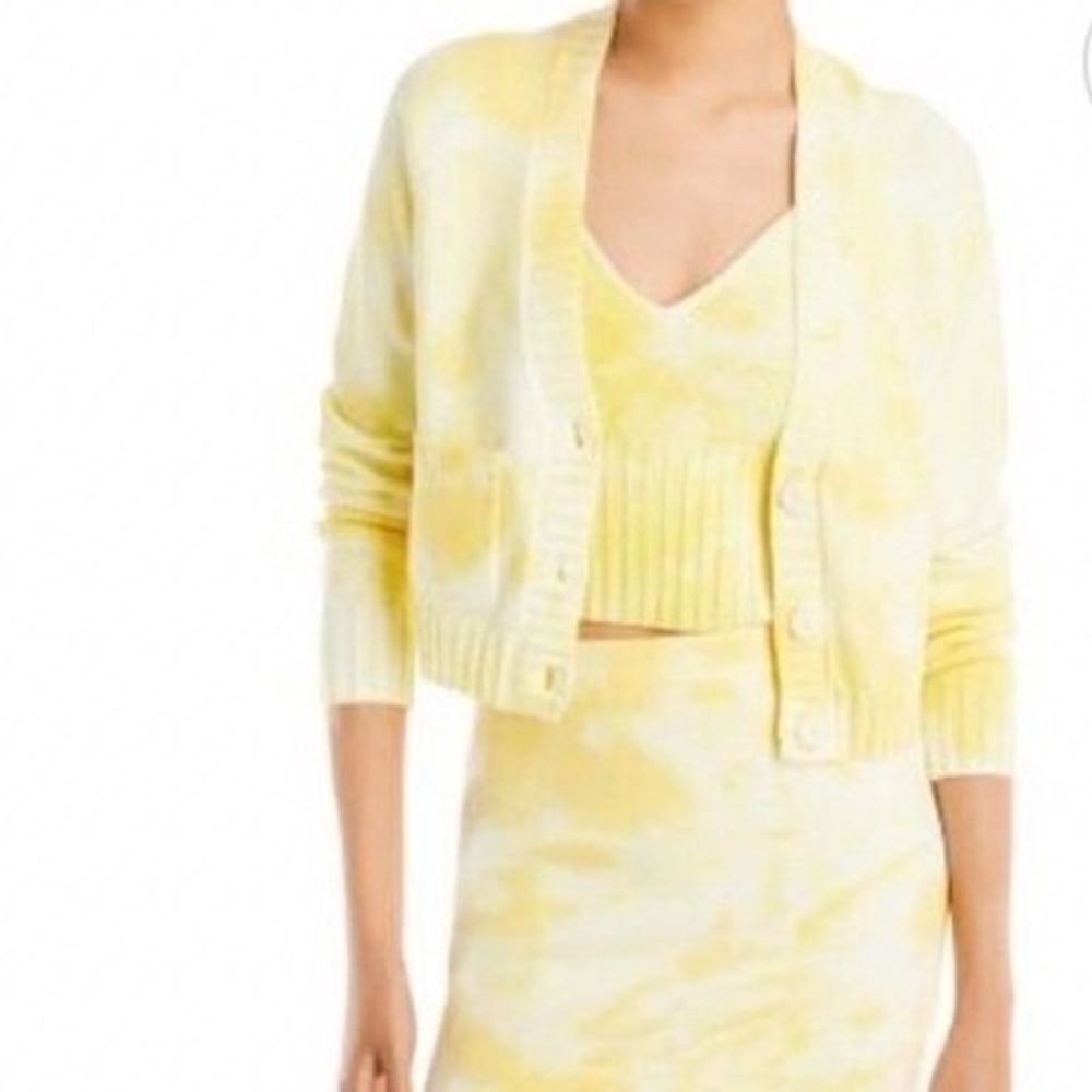 AQUA Classic Boho Tie Dye Cardigan Sweater Top Set Womens XS Yellow White Preppy